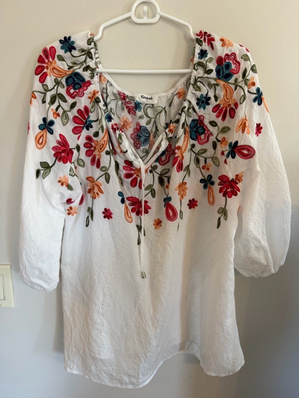 Kindred Spirit White Embroidered Peasant Tunic with Multicolor Floral Stitching